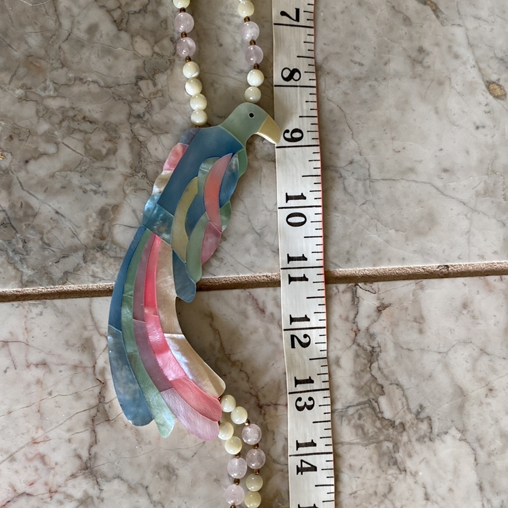 Vintage Karla Jordan Mother of Pearl Inlay Quartz Parrott Necklace - Picture 9 of 9
